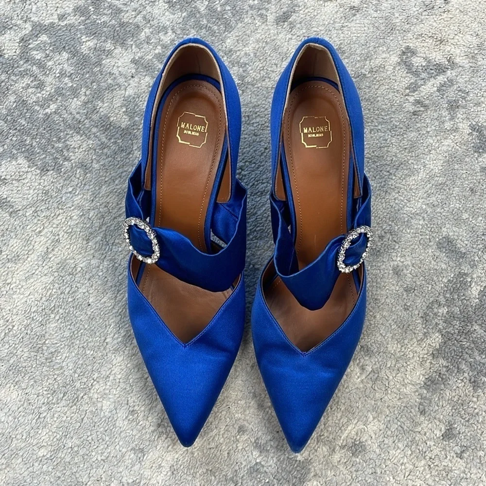 Malone Souliers Maite Crystal Buckle Satin Point Toe Pumps Blue Sz 39.5